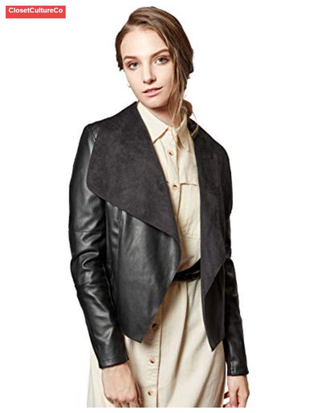 Women's Faux Leather Jacket Slim Open Front Lapel Blazer